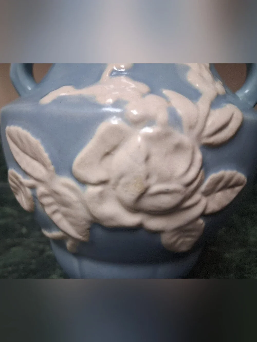 Vintage Weller Pottery Flower Vase Blue w/White Cameo Flowers 7.25